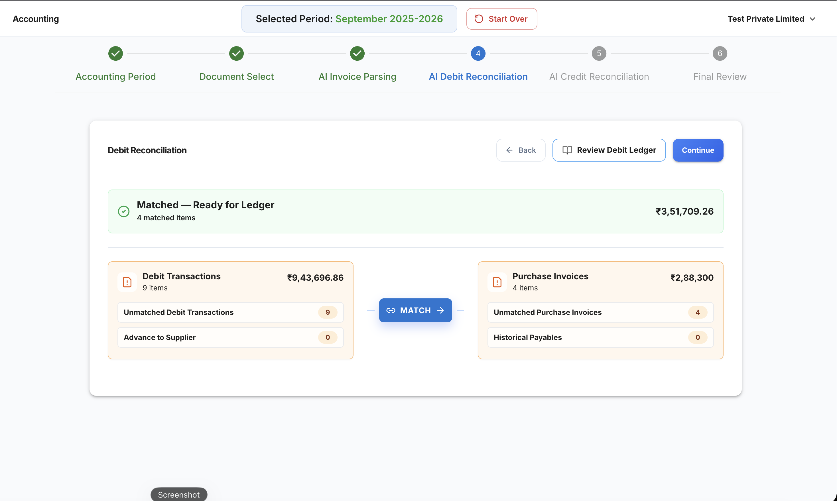 Flick AI debit reconciliation screen with purchase invoice matching